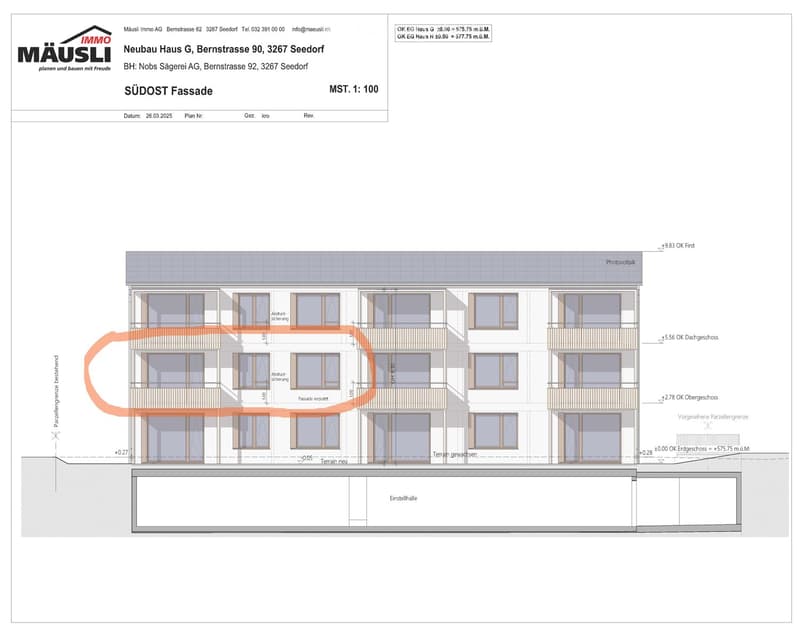 Architectural floor plan of a residential building showing multiple floors, windows, and structural details including a parking area and photovoltaic panels on the roof.