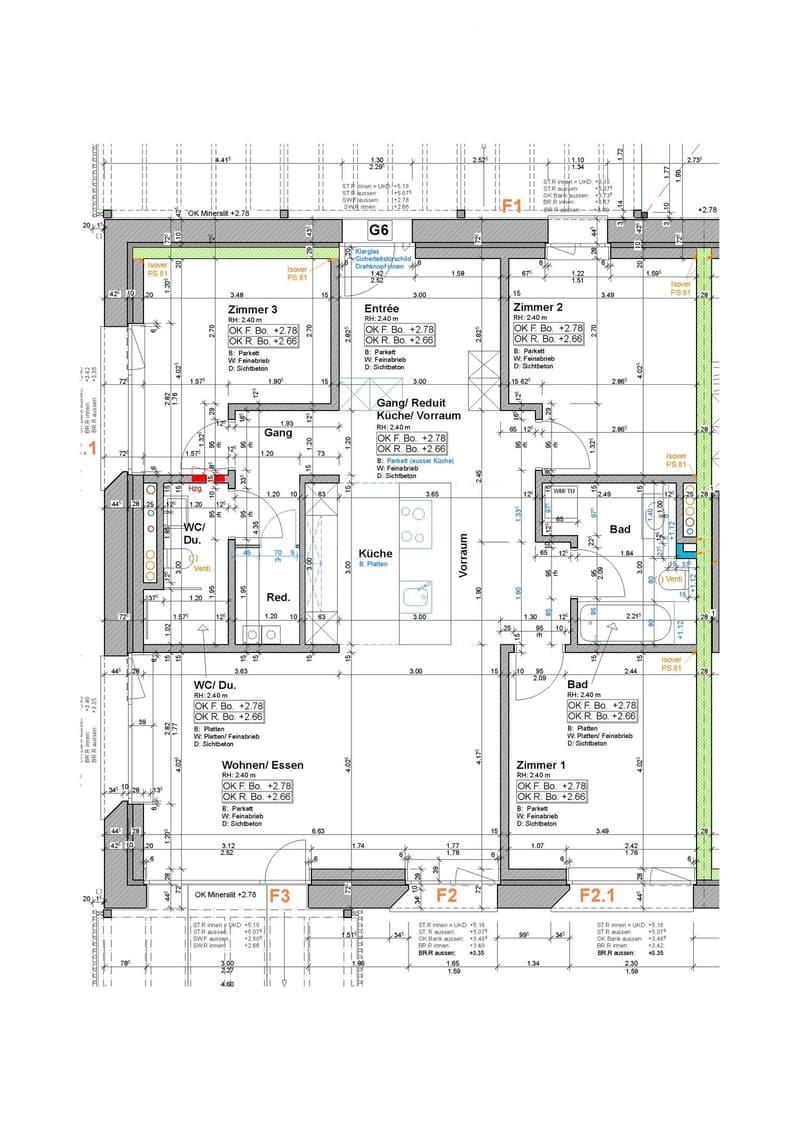 Floor plan of a residential unit with labeled rooms including kitchen, living/dining area, bedrooms, bathrooms, and entrance.