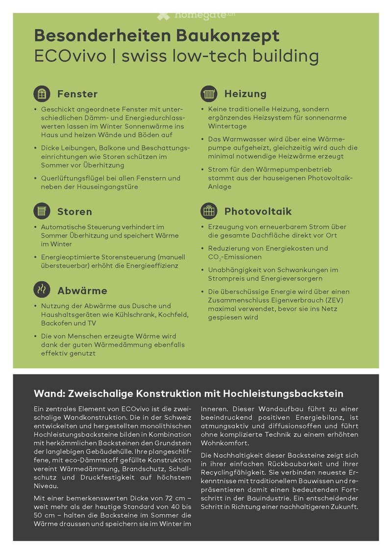 Information sheet detailing features of the ECOvivo building concept, including windows, heating, shutters, waste heat utilization, and photovoltaic systems.