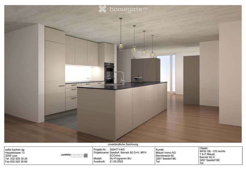 Modern kitchen with light-colored cabinetry, a central island, pendant lights, and a sink with a faucet.