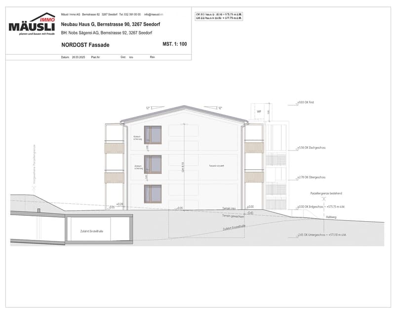 Architectural floor plan of a house showing the northeast facade, including elevation details, roof structure, windows, and ground level markings.