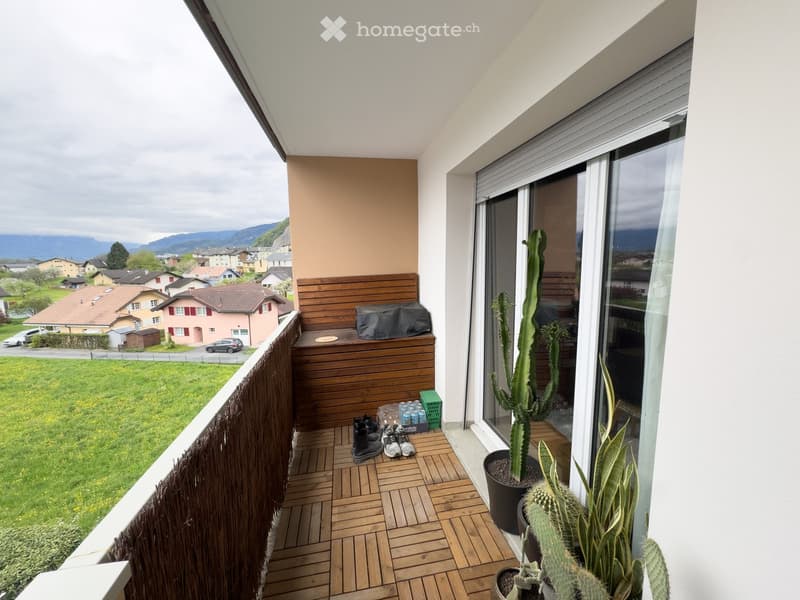 Balcony with wooden decking, potted cacti, a wooden bench, and shoes placed near the railing. Offers a scenic view of a green landscape and distant mountains.