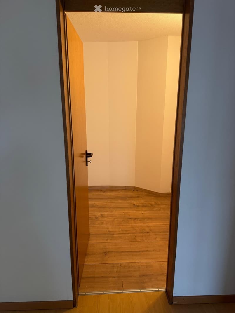 Empty room with wooden flooring and light-colored walls, viewed through an open wooden door.