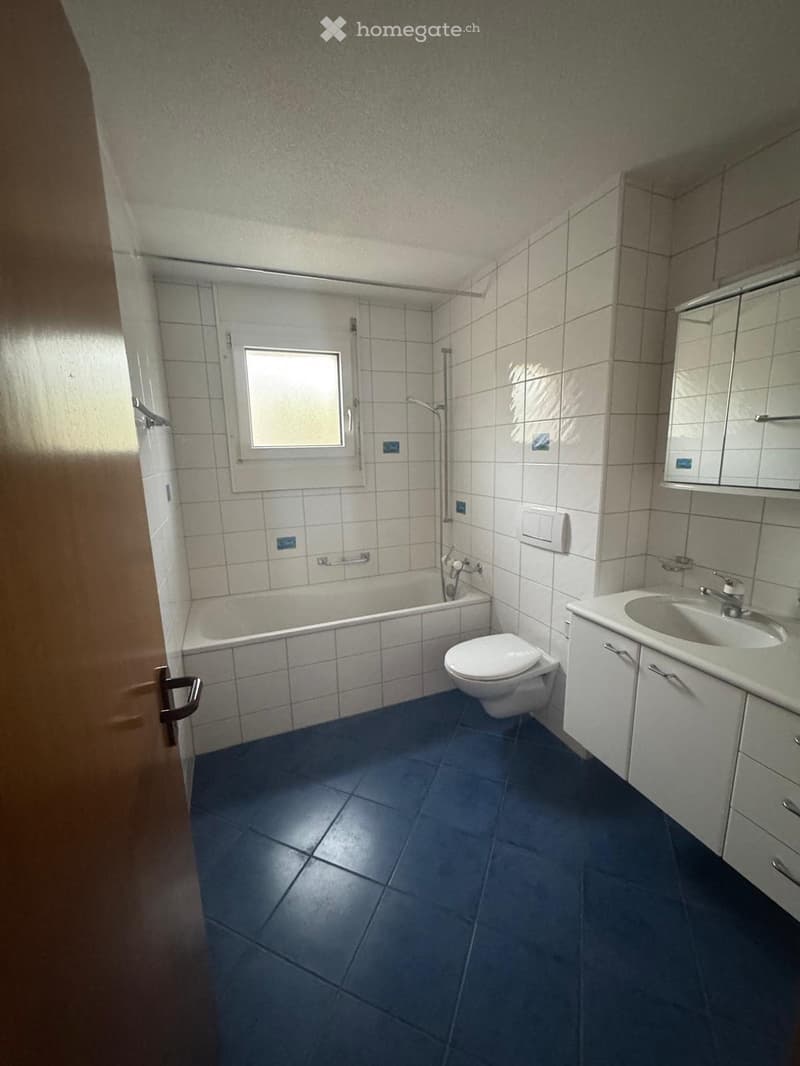 Bathroom with blue tiled floor, white tiled walls, bathtub, toilet, sink, and cabinet.