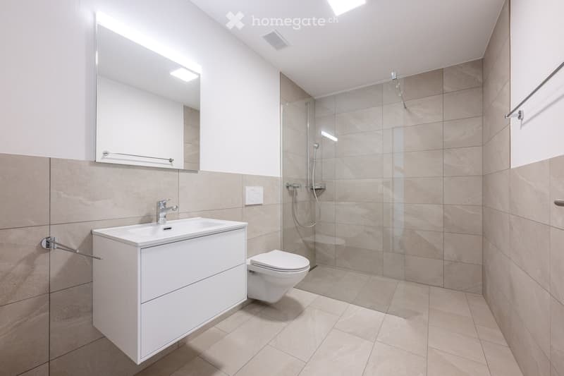 modern, beige tiled walls, white sink, white mirror, toilet, walk-in shower