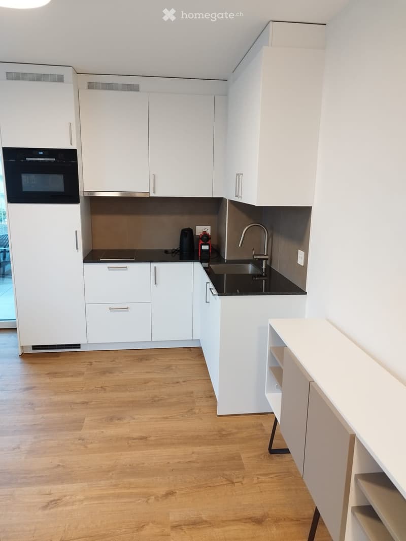 Modern kitchen with white cabinets, wooden flooring, stainless steel sink, and coffee maker on the counter.