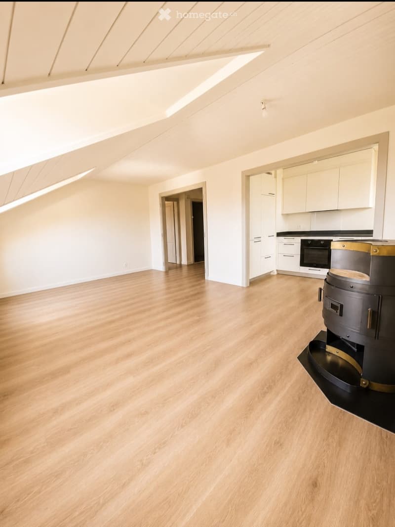 Empty room with light wooden flooring, white walls, and a modern kitchen area with white cabinets and a black oven. A wood-burning stove is visible in the foreground.