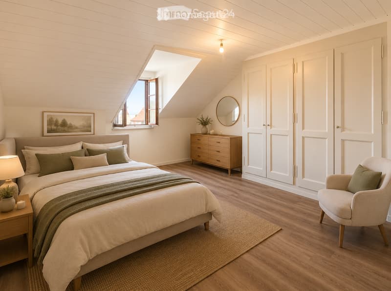 Cozy attic bedroom with wooden floors, slanted ceilings, large window, bed with green pillows and blanket, nightstand with lamp, armchair, dresser, and mirror.