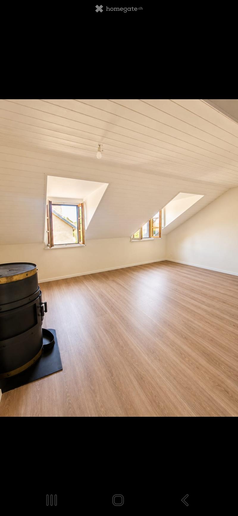 Empty attic room with wooden flooring, slanted wooden ceiling, and multiple windows allowing natural light. A black cylindrical object is placed on the floor near the left side.