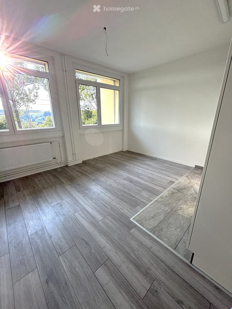 Empty room with light grey wooden flooring, white walls, and large windows allowing natural light. Features include a radiator and a door leading outside.
