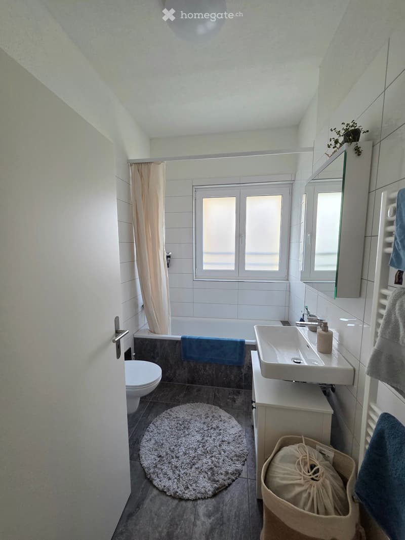 Modern bathroom with a bathtub, sink, toilet, and large mirror. Features a shower area with a curtain and a window, along with a round shaggy rug and a small basket on the floor.