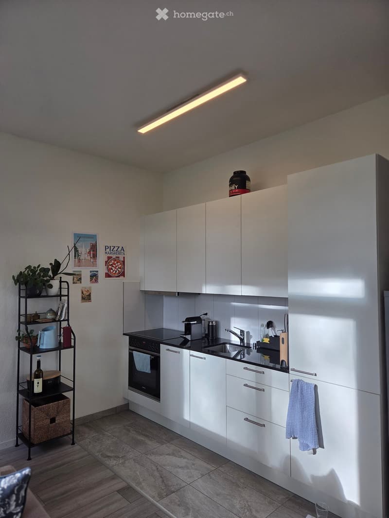 Modern kitchen with white cabinets, stainless steel appliances, and a black countertop. Features include a sink, oven, refrigerator, and a small shelf with decorative items.