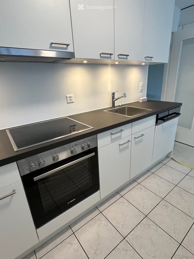 Modern kitchen with white cabinets, stainless steel appliances, and a black countertop.