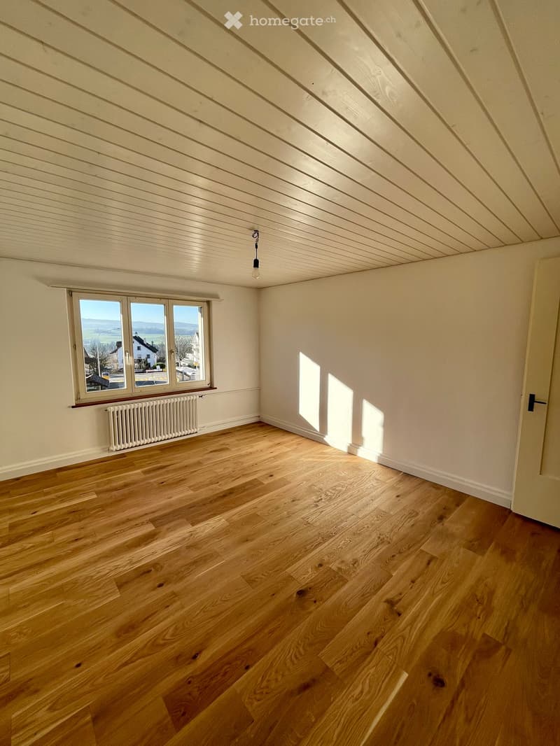 Empty room with wooden flooring, white walls, and a large window offering a view of the landscape. The room features a radiator below the window and a simple light fixture hanging from the sloped ceiling.