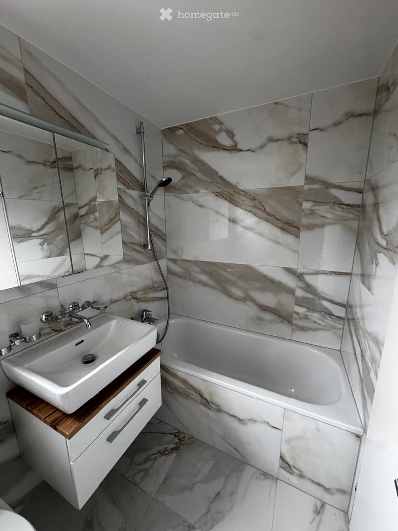 Modern bathroom with marble tiles, a white sink, a bathtub, and a large mirror.