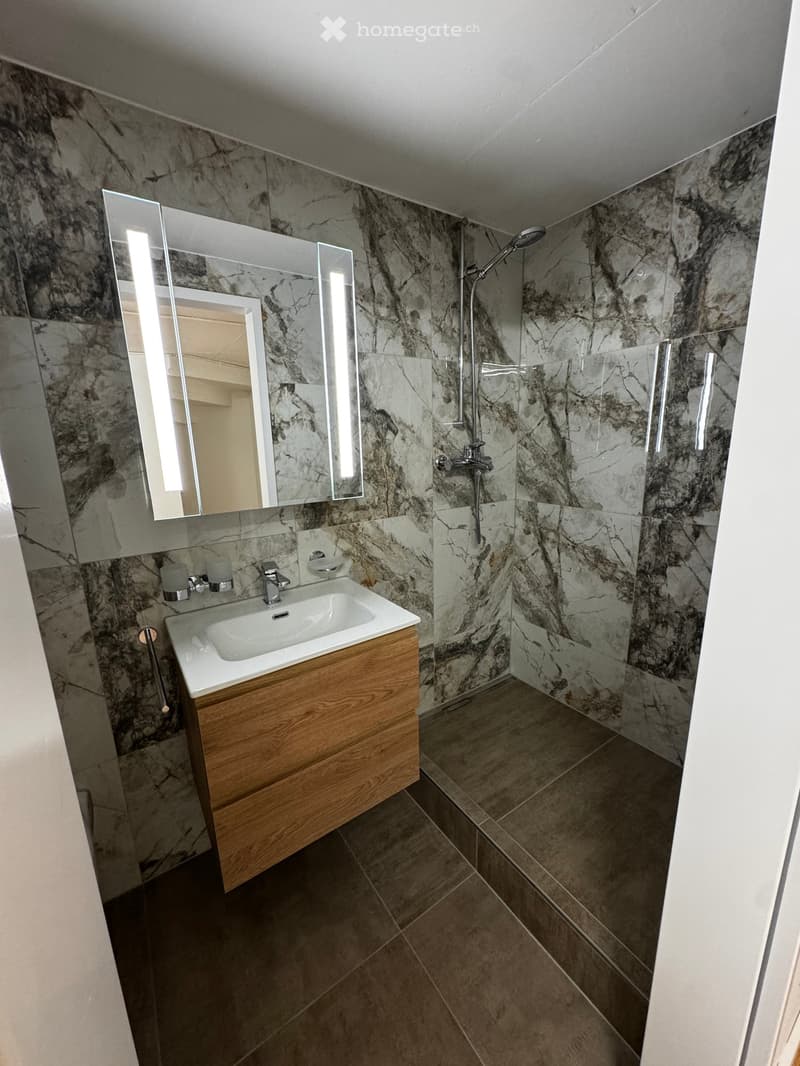 Modern bathroom with marble walls, a wooden vanity with a white sink, a large illuminated mirror, and a glass-enclosed shower area.