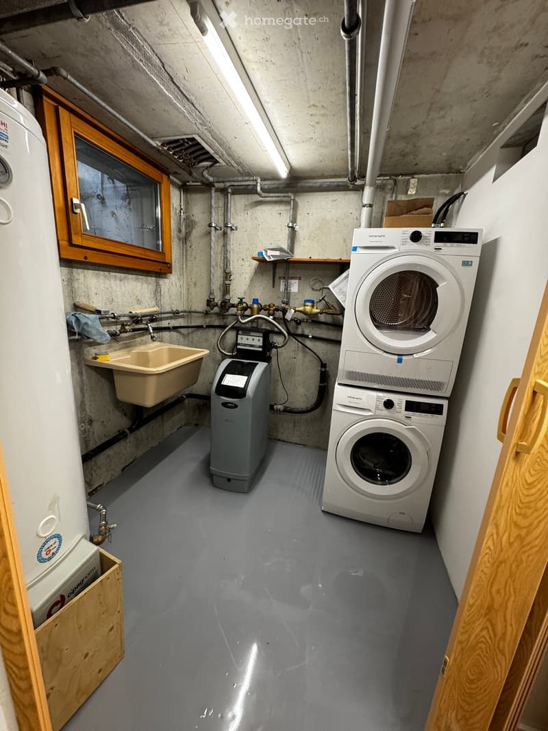 Utility room with a washing machine, water softener, sink, and water heater, featuring exposed pipes and a small window.