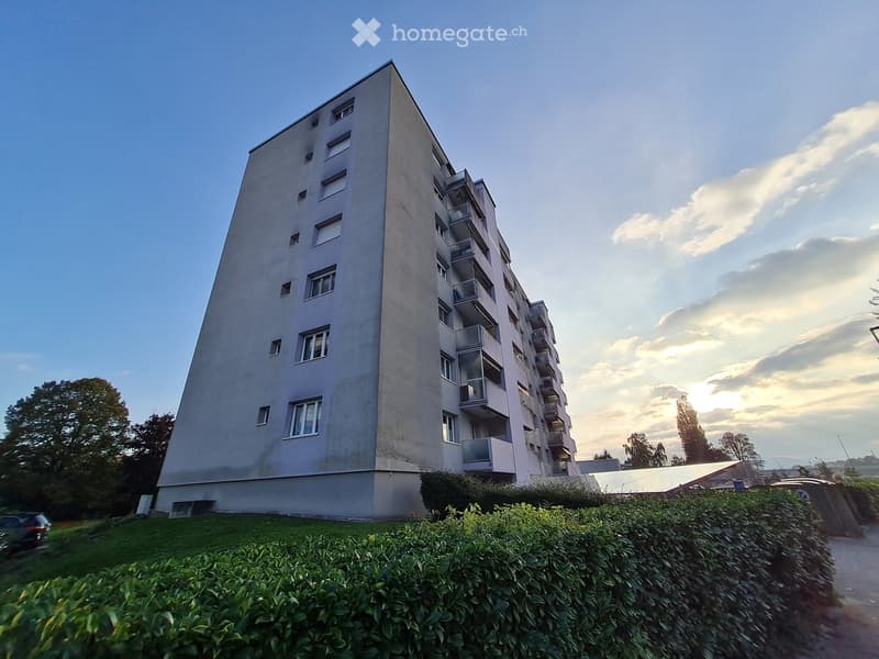 multi story building, balconies, many windows, beige exterior, green hedge, solar panels
