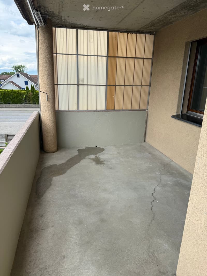 Empty balcony with concrete floor, beige walls, and a metal railing with a wooden door leading outside.