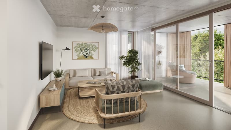 Modern living room with a sofa, coffee table, armchair, side table, floor lamp, TV screen, and plants. Large sliding glass doors open to a balcony.