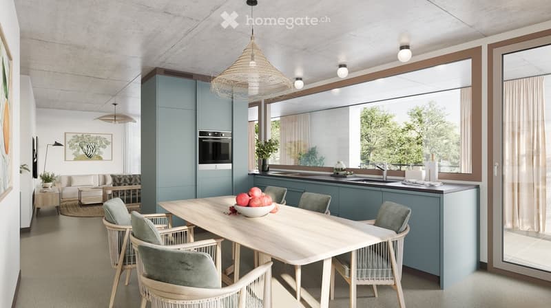 Open-plan living and dining area with modern furniture, a dining table with chairs, a sofa, and a kitchen area with an oven and sink.