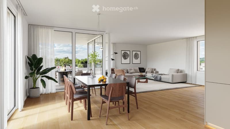 Modern living and dining area with light wood flooring, large windows, a sofa, coffee table, dining table with chairs, and a potted plant.