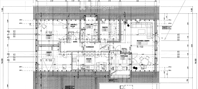Floor plan showing a multi-room layout including a kitchen, living/dining area, bedroom, bathroom, hallway, and terrace.