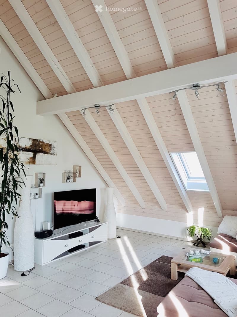 Modern living room with a sloped wooden ceiling, white walls, and large windows. Features a grey sofa, coffee table, TV, floor lamp, and decorative plants.