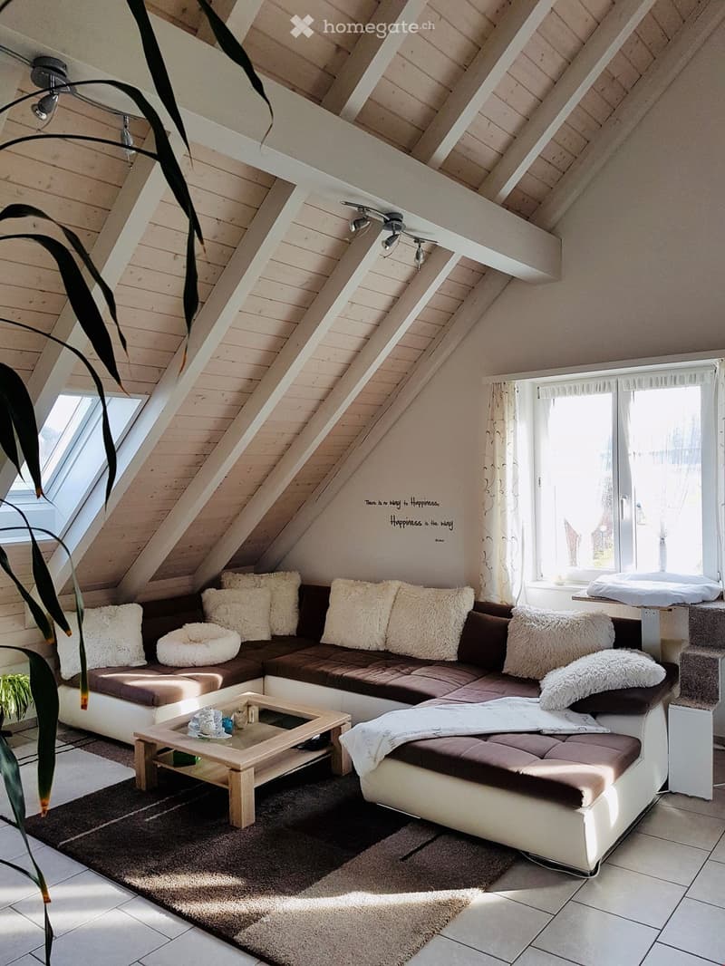Attic living room with exposed wooden beams, skylight windows, and a large L-shaped sofa with plush pillows and throws.