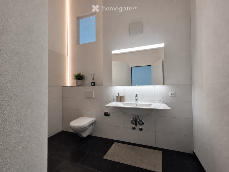 Modern bathroom with white tiles, a toilet, a sink with a modern faucet, a large mirror with built-in lighting, a small plant on the windowsill, and a beige rug on the floor.