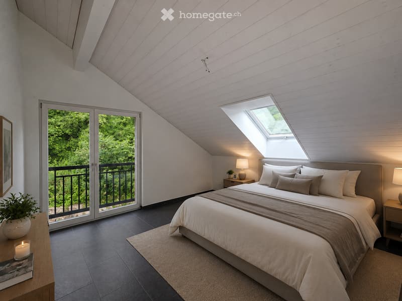 Modern bedroom with a large bed, nightstands, lamps, a small table with a plant, and a candle. Large windows and a balcony offer a view of greenery.