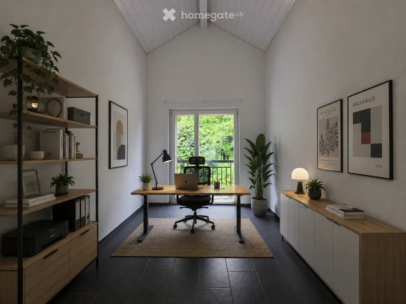 Modern, minimalist office space with a wooden desk, ergonomic chair, laptop, floor lamp, and shelving unit holding books and decorative items. Large window with balcony access and potted plants add a touch of greenery.