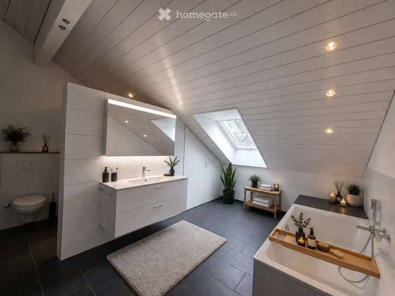 Modern bathroom with a sleek sink, large mirror, bathtub, and a skylight window. Includes a wooden shelf with candles and plants, a bath mat, and a toilet.