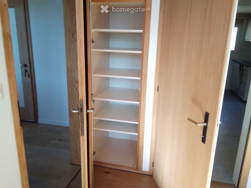 Empty room with wooden floor, open wooden closet with empty shelves, and visible door handles.