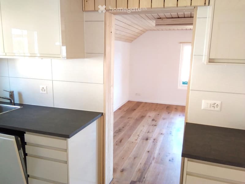 Modern kitchen with light wooden cabinets, dark countertops, and a wooden floor. The sink area is visible with a chrome faucet.