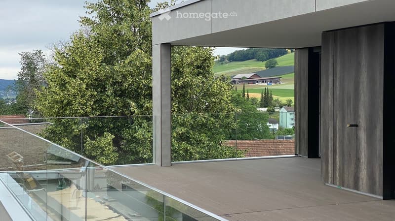 Modern balcony with wooden decking, glass railing, and expansive view of green landscape and distant buildings.