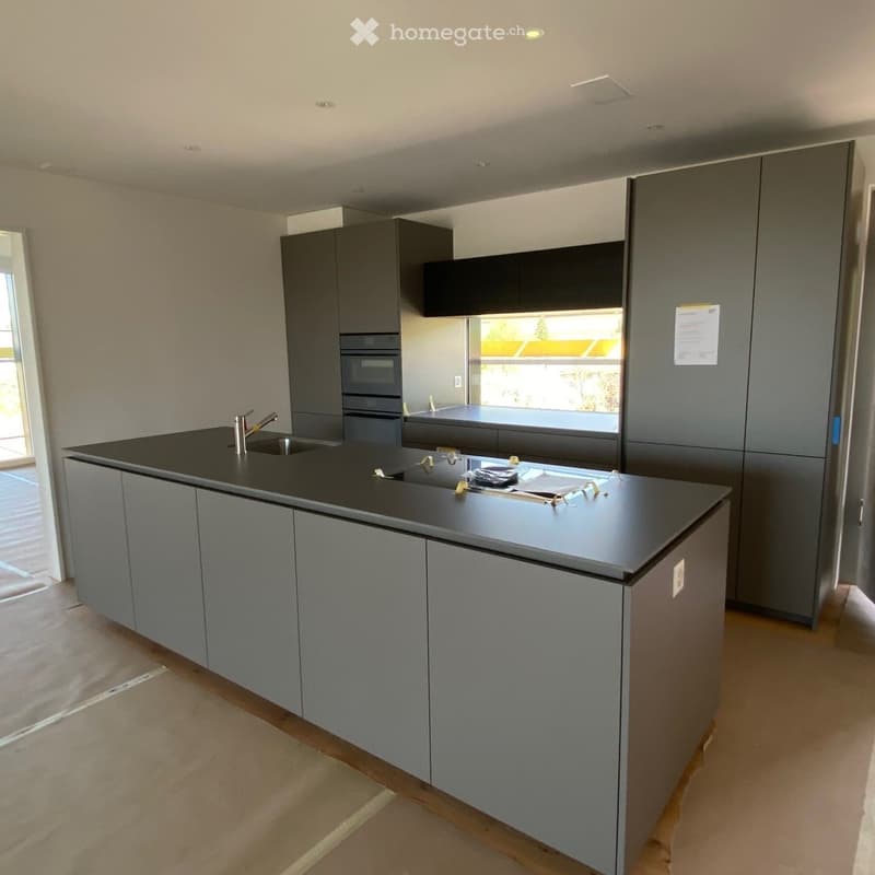 Modern kitchen with grey cabinets, black countertop, stainless steel sink, and built-in oven. Large window provides natural light.