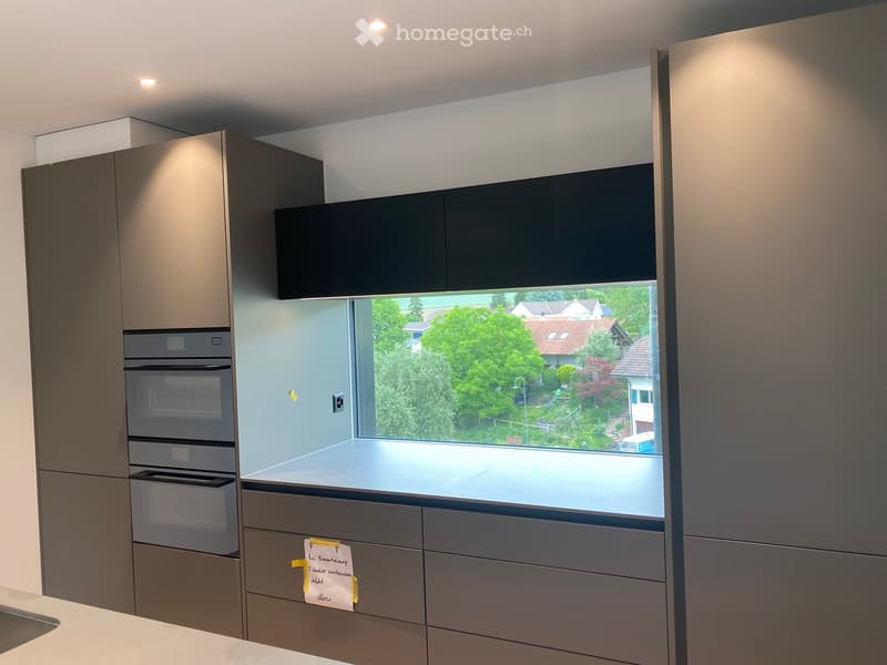 Modern kitchen with grey cabinets, built-in oven, and large window overlooking a green area.