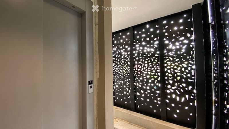 Modern hallway with a decorative black perforated wall panel and a closed elevator door.