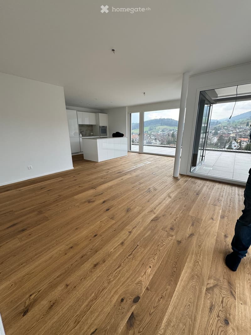 Open-plan living and kitchen area with light wooden flooring, white kitchen cabinets, and a scenic view through large windows and sliding doors.