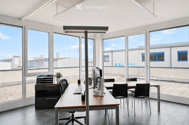 Modern office space with large windows, desks, chairs, computers, and a potted plant.