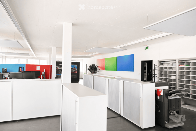 Modern office space with white reception desk, multiple computer monitors, printer, storage shelves, colorful wall art, and a small plant.