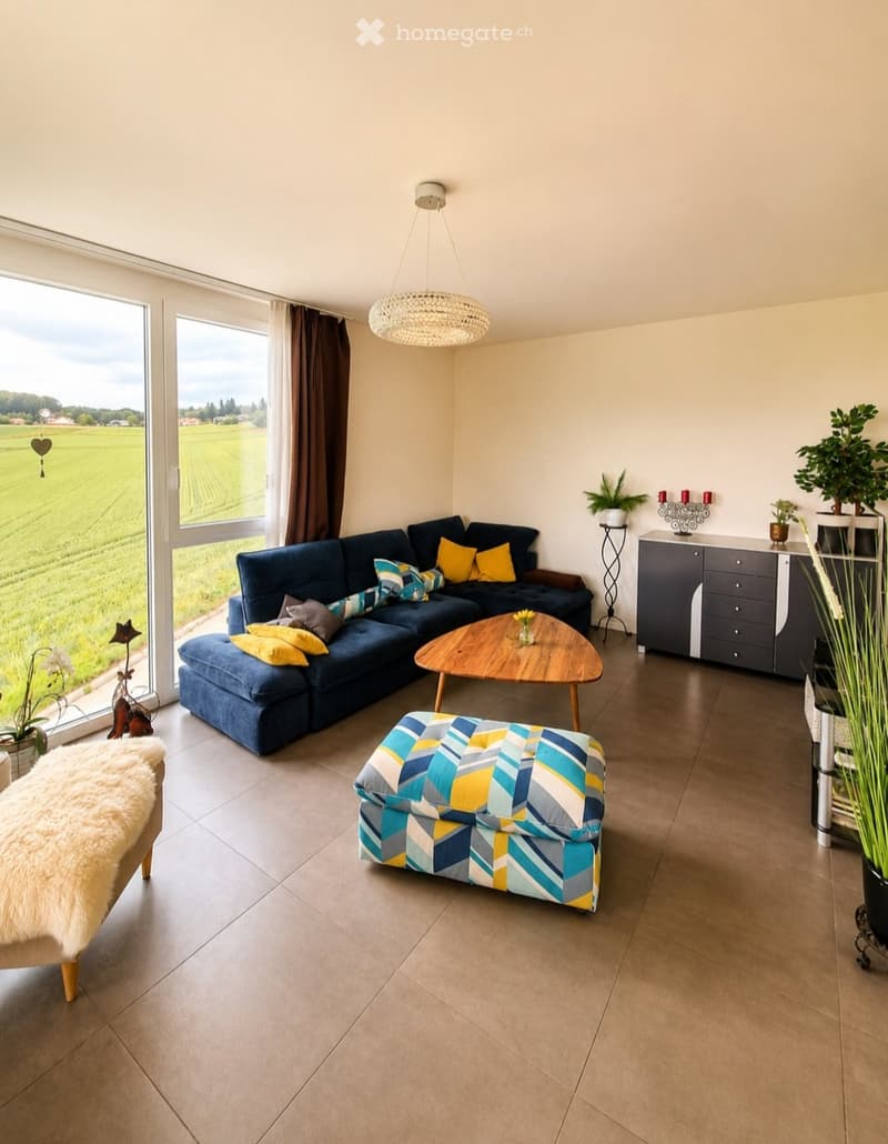 Modern living room with large windows overlooking a green field, featuring a blue sectional sofa, colorful pillows, a wooden coffee table, a patterned ottoman, a grey cabinet, and decorative plants.