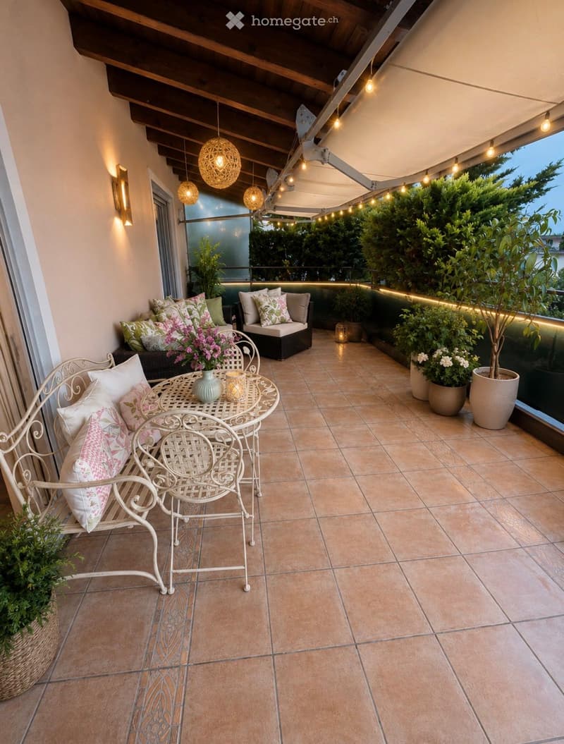 Balcony with tiled floor, wooden ceiling, hanging lights, bench, table, chairs, and potted plants.