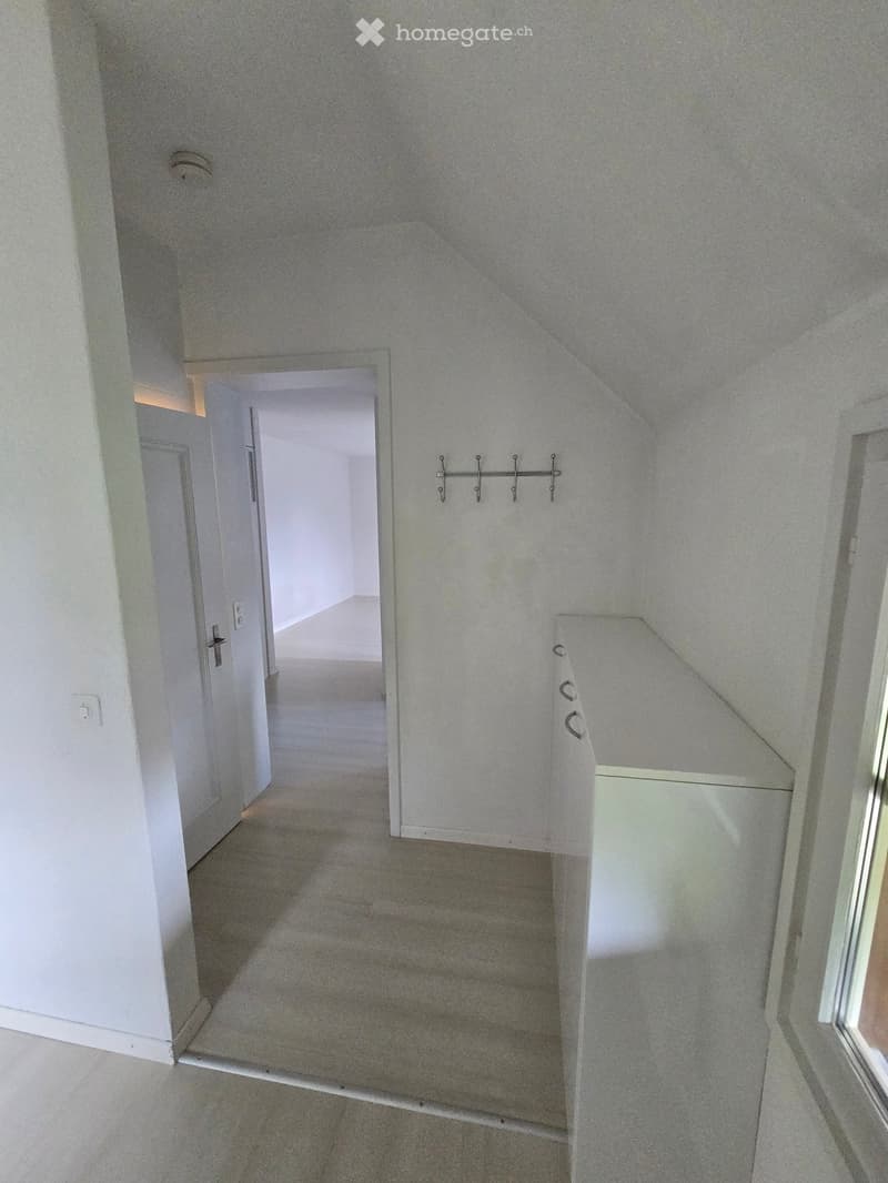 Empty hallway with light-colored walls, carpeted floor, and a coat rack on the right side.