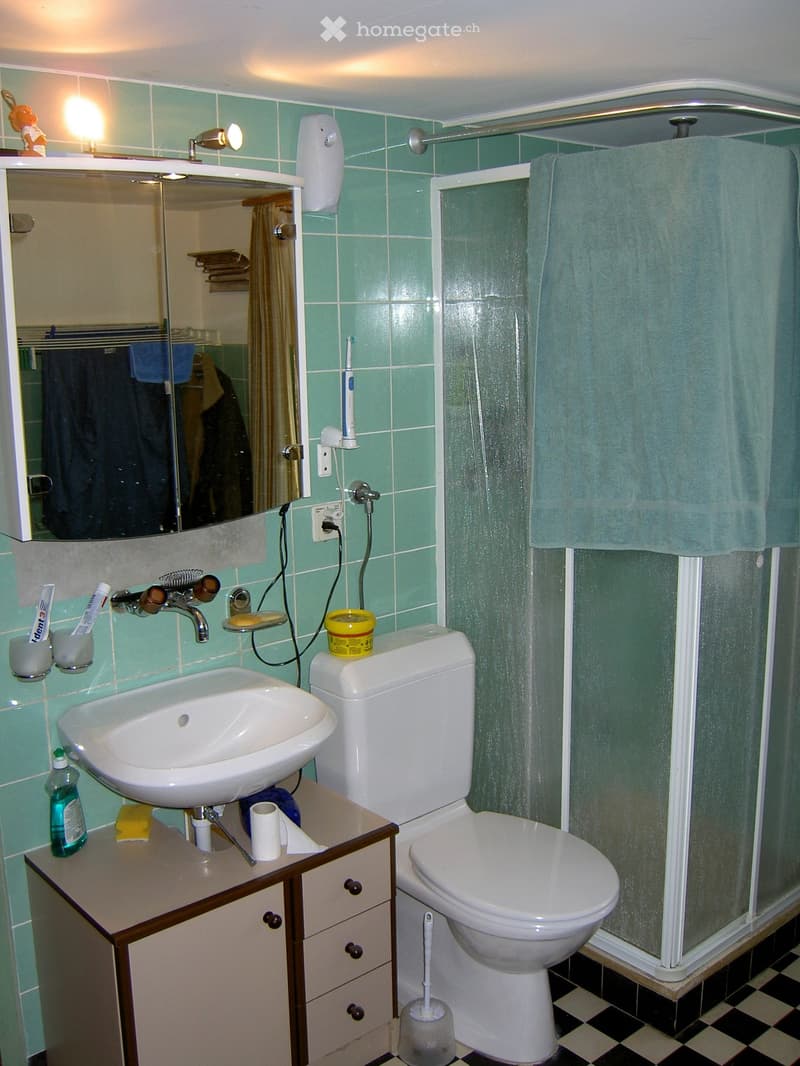 Bathroom with green tiled walls, a white sink, a toilet, a shower with a glass enclosure, and a mirror above the sink. The sink has a faucet, and there are various toiletries and a towel visible.