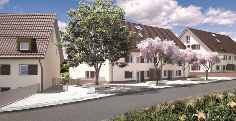 Building: 2 row houses, each with 4 windows, brown roof, white walls, street