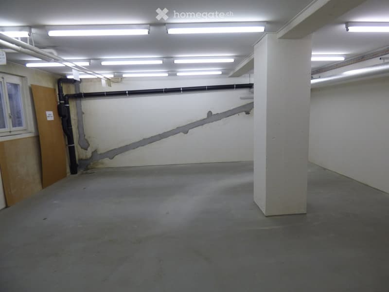 Empty underground parking space with concrete floor, white walls, support pillar, and fluorescent lighting.