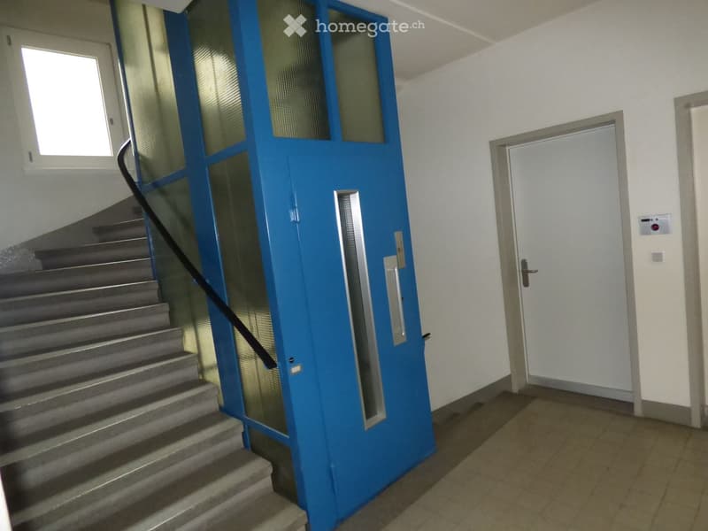 Hallway with a staircase featuring a blue elevator shaft and a glass door, adjacent to a closed door and a small window.