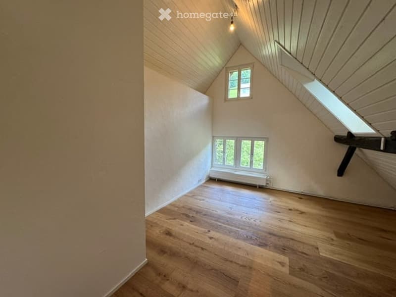 Empty attic room with wooden flooring, white walls, and skylight windows. No furniture or equipment present.
